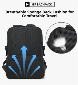 Macro view of breathable honeycomb mesh back padding on this black business backpack