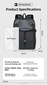 Detailed view of black waterproof business backpack showing dimensions and breathable straps