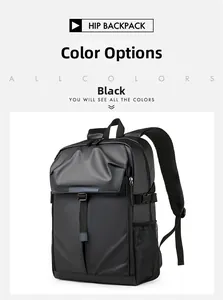 Detail view of the black business backpack featuring waterproof fabric and mesh side pockets