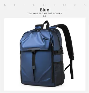 Blue waterproof business backpack with breathable mesh straps and buckle flap detail