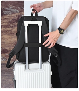 Detail view of the black business backpack fixed on luggage handle via back strap