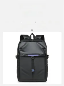 Front view of black minimalist business backpack with waterproof matte finish and blue trim