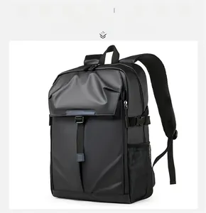 Side view of black business backpack showing breathable padded mesh shoulder straps
