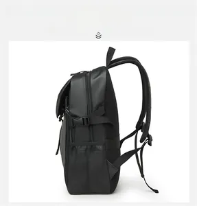 Side view of black multifunctional backpack featuring elastic side pockets and buckles