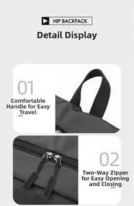 Detail of waterproof nylon backpack showing wide webbing handle and two-way metal zippers