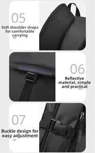 Detail view of breathable mesh shoulder straps and reflective safety strips on black backpack