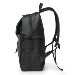 Men's minimalist black business backpack with multi-layer zippers and side mesh pocket