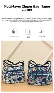 Lightweight printed oxford crossbody bag with multiple zip pockets weighing only 0.29kg