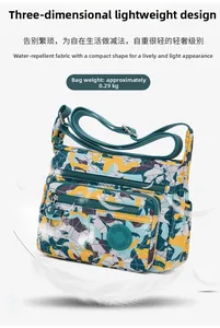 Detail of lightweight camo oxford crossbody bag weighing only 0.29kg with waterproof fabric