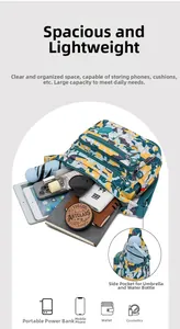 Floral nylon crossbody bag with multi-zipper compartments showing high capacity storage