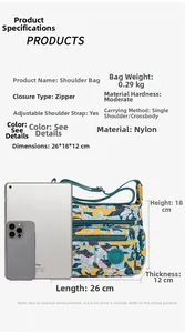 Size chart showing nylon crossbody bag dimensions 26x18x12cm with adjustable strap