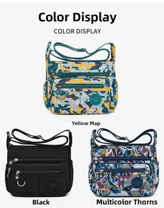 Three-pocket crossbody bag display in yellow map, black, and colorful geometric patterns