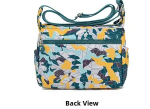 Detail view of the back zipper pocket and adjustable strap on the printed oxford fabric bag