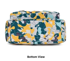 Detailed bottom view of floral camouflage oxford cross-body bag with waterproof fabric