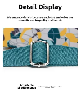 Detail of adjustable woven canvas strap with polished silver metal buckle for women bag