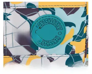 Detailed macro view of the waterproof floral Oxford fabric and logo patch on the crossbody bag