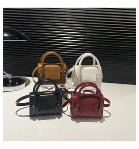 Mini crossbody bags in brown, white, black, and burgundy with glossy finish and handles