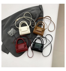 Vue à plat de mini sacs à bandoulière en blanc, marron, bordeaux et noir en cuir verni