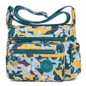 Waterproof nylon crossbody bag with multi-compartment camouflage print and adjustable strap
