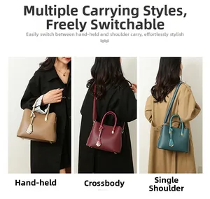 Three-in-one view of pebbled leather tote bags in tan, burgundy, and dark cyan colors
