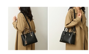 Detail of black tote bag with leopard print scarf handle wrap on khaki trench coat