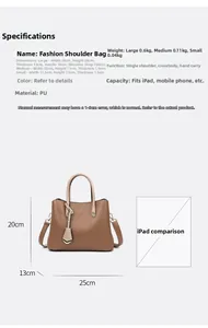 Detailed size chart showing dimensions and specifications for the PU tote bag set