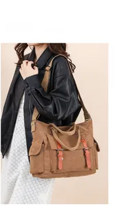 Close-up of vintage brown canvas bag featuring genuine cowhide straps and multi-pocket design