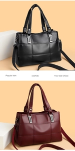Vertical detail view showing black and wine red quilted cowhide tote bags with silver hardware