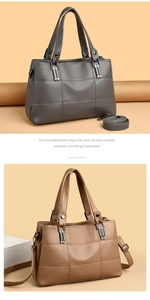 Detailed close-up of grey and khaki PU leather handbags with quilted lychee texture