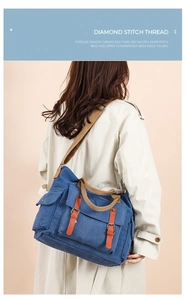 Detail of blue canvas messenger bag with brown straps and metal buckles on a model