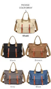 Multiple color options for high-capacity canvas bags showing khaki, black, and brown