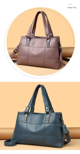 Close-up of violet and navy litchi texture leather handbags with silver hardware accents