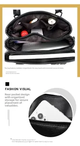 Detailed interior of black PU tote bag showing triple zip compartments and large capacity