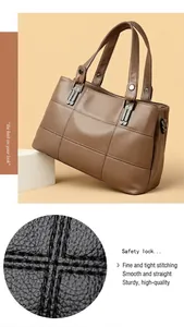 Close-up of quilted PU leather texture and metal buckle on dark brown shoulder bag