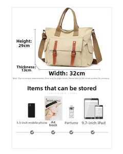 Canvas tote bag details with size dimensions 32x29x13cm and capacity storage layout