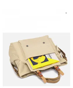 Detail of canvas tote bag with multiple pockets and large storage capacity for travel