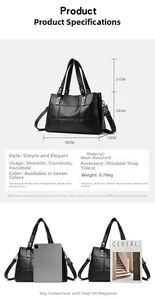 Size chart showing large black PU leather handbag dimensions with iPad and A4 magazine scale