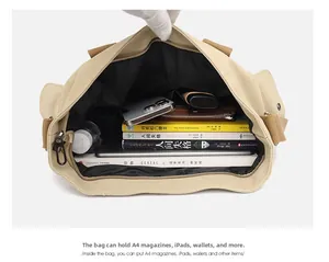 Detailed interior of large canvas tote bag showing storage capacity for A4 files and iPad