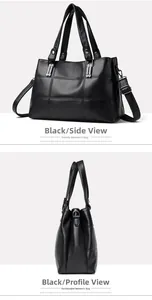 Detail view of black lychee grain leather tote with silver metal buckles and shoulder strap