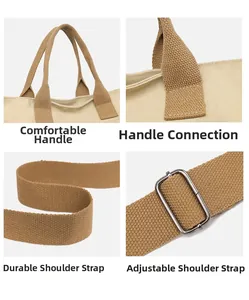 Detail view of durable canvas bag handles, reinforced stitching and adjustable straps