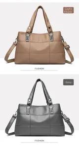 Detail view of khaki and grey PU leather tote bags with textured finish and metal hardware