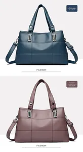 Close-up of litchi texture PU leather tote bags in blue and purple with grid stitching