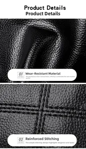 Close-up of durable black lychee grain leather texture and reinforced stitching detail