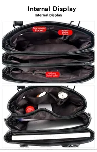 Detail view of large capacity interior with multiple pockets and branded lining in black tote