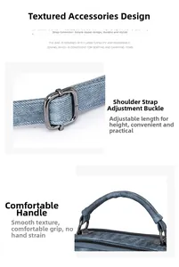 Detail of blue denim fabric bag showing gunmetal buckle and thickened handle strap