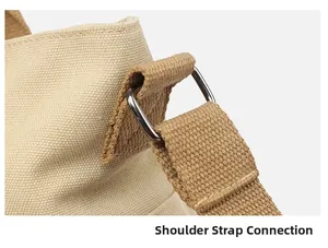 Detailed close-up of durable canvas shoulder strap connection with metal ring hardware