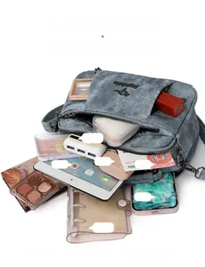 Top view of blue multi-pocket canvas bag showing large capacity for iPad and daily items