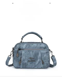 Close-up of blue nylon handbag showing denim texture and multi-layer zipper pockets
