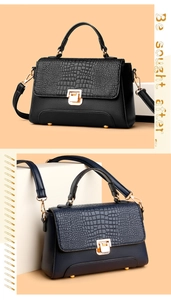 Detail of crocodile pattern texture and golden hardware on bicolor leather handbags