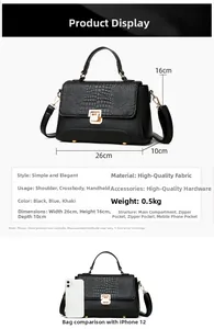 Detailed size chart of the black crocodile pattern handbag with dimensions and structure